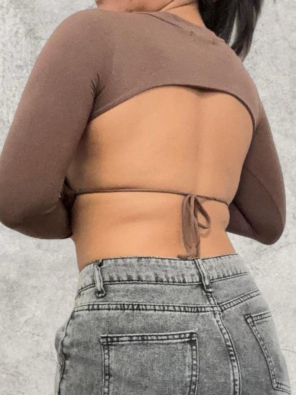 Zara Brown Open-Back Long-Sleeve Crop Top